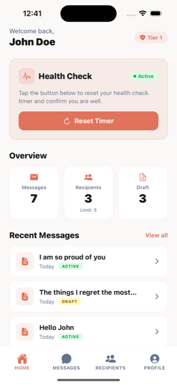 Keepsy dashboard with health check and recent messages