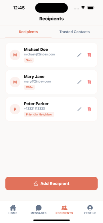 Keepsy recipients screen